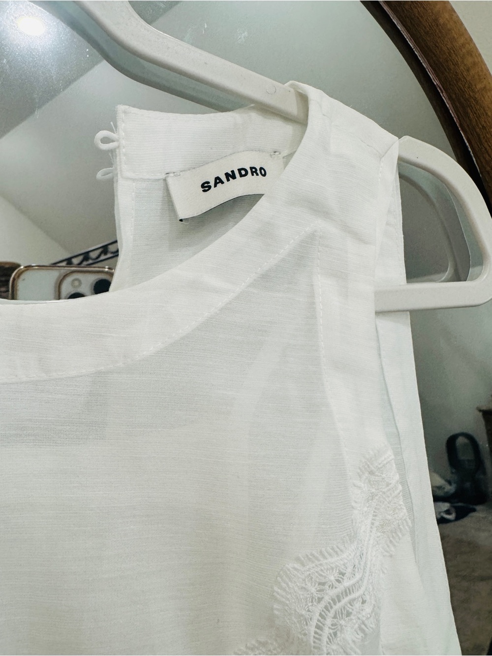 Sandro White Sleeveless Linen Dress with Lace Detail - Picture 4 of 7